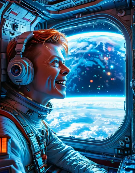 masterpiece digital art of david bowie as major tom an astronaut inside a brand new cyberpunk space station (looking at blue ear...