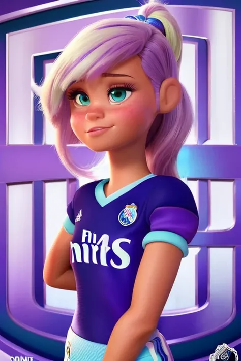 Générez une affiche de style Disney PIXAR avec animé.Elle est une joueuse de football avec une structure physique mince, yeux bleus, ceuveux long et violet et sourcils fin. Elle porte le maillot du real madrid blanc avec des accents noirs.. His jersey numb...