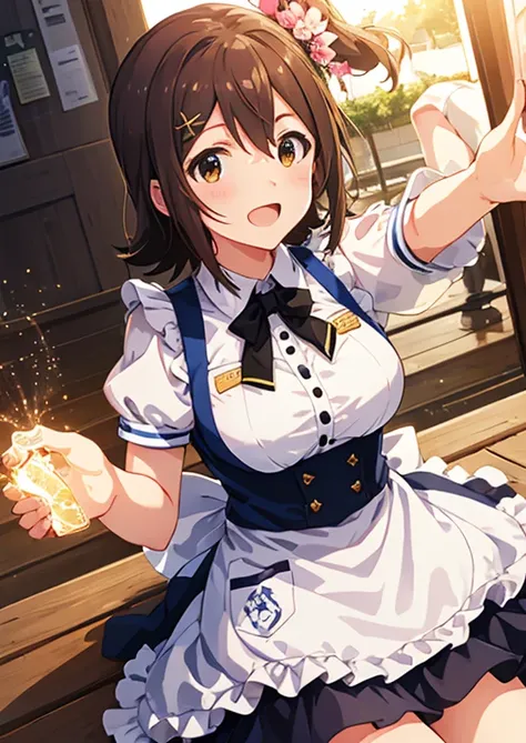 Mirai Kasuga, (highest quality, 8k, masterpiece, Very detailed:1.2), (Lens flare, Particles of light, Shine), Big Breasts, smile, Open your mouth, masterpiece, highest quality, Very detailed, High resolution, Very detailedなCG, (Official Art), apron , (Spre...