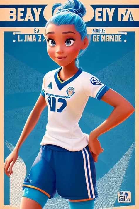 Générez une affiche de style Disney PIXAR avec animé. Elle est une joueuse de football de 14 ans avec une structure physique mince, yeux bleus, cheveux long et sourcils fin. Elle porte le maillot du Maroc.. His jersey number is 10. L&#39;affiche doit conte...