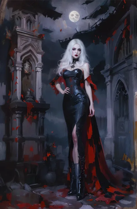 painting of a woman in a black dress and red cape standing in a cemetery, gothic fantasy art, dark fantasy style art, beautiful ...