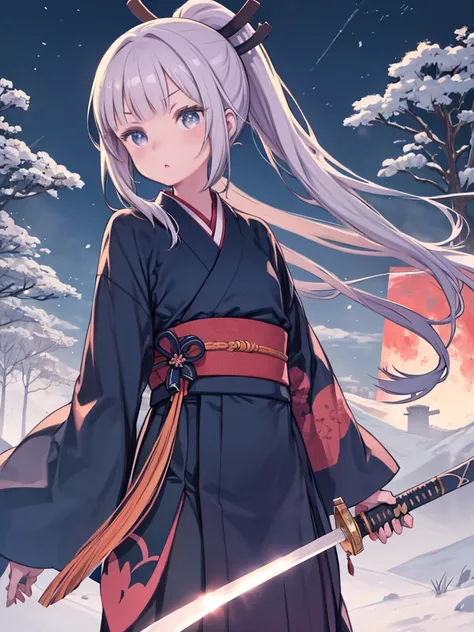 雪の中で青い髪と剣を持つアニメのgirl、,girl、Best image quality、Iron-colored hair、Eye patch、Iron-colored eyes、White skin、Long Hair、ponytail、Gardenia、Red Moon、warrior、Two swords at his waist、Hiking trails、Navy blue hakama、sarashi、kimono、