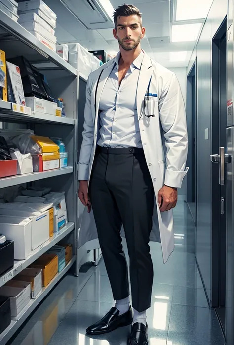 One european man with big feet and black socks, (no shoes), standed full body, tall, slim waist, muscled, mature and handsome male, the man is wearing doctor uniform with some wet parts, tight large bulge hard, long legs, looking at viewer, 30 years old, s...