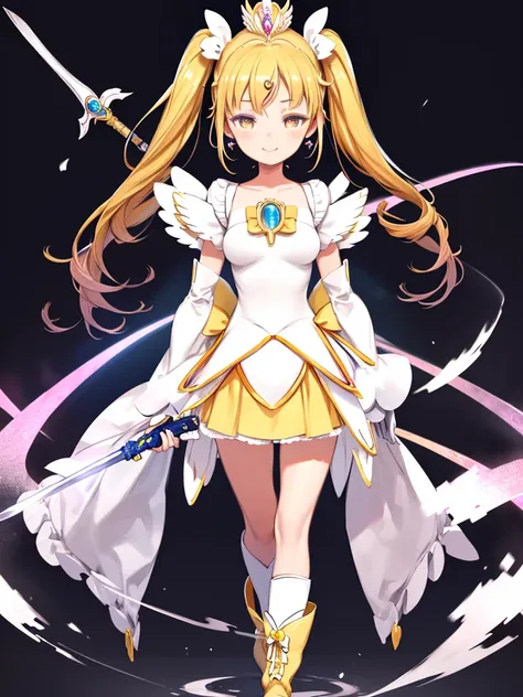 Cartoon image of a woman in a white dress holding a sword、(One Girl:1.2), (alone:1.2), (Tabletop:0.5), Hmph、Shaders、Great textured piece、Very fine eye、The extremely complex pupil in the eye、highest quality、Sparkling eyes、Dark yellow hair、drills twintails、H...