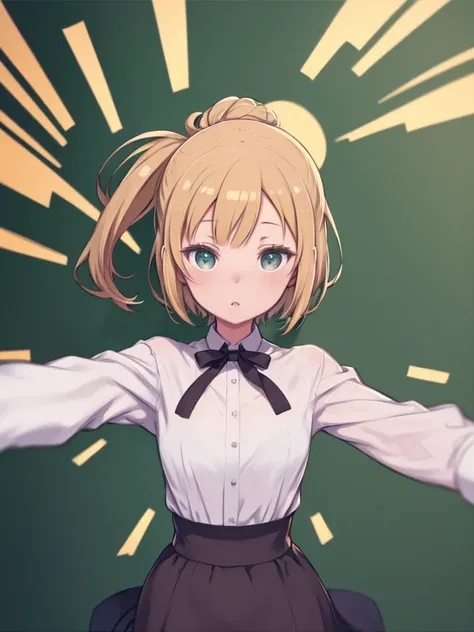 classroomで緑のblackboardを指差しているアニメの女の子、Anime Style, Ellen Baker, beautiful, Green Eyes, Blonde, White shirt, Bulging Buttons, ((Dark blue exterior)), short span, ((brown span)), (background: classroom, blackboard), (masterpiece:1.2), (Vibrant:1.2), Very deta...