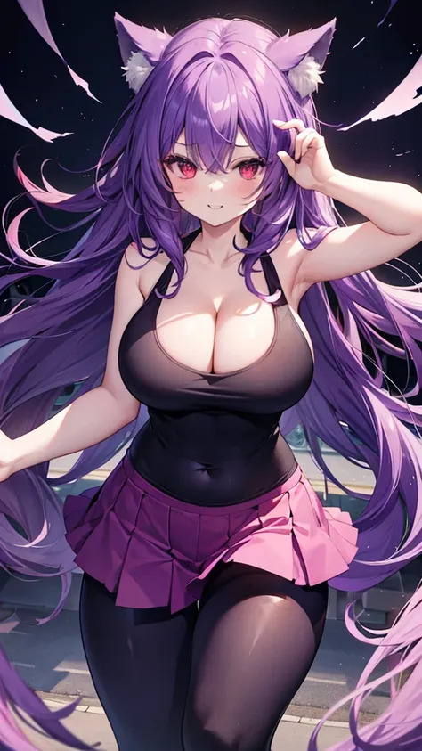 Wolf Girl, Large Breasts, Voluminous purple hair, masterpiece , Red eyes, hd, Thick thighs, Head to Chest, buried in my chest、Double teeth、tooth、Chubby、Grinning、leggings、Tank top、Big cleavage、Show your side、Raise your arms