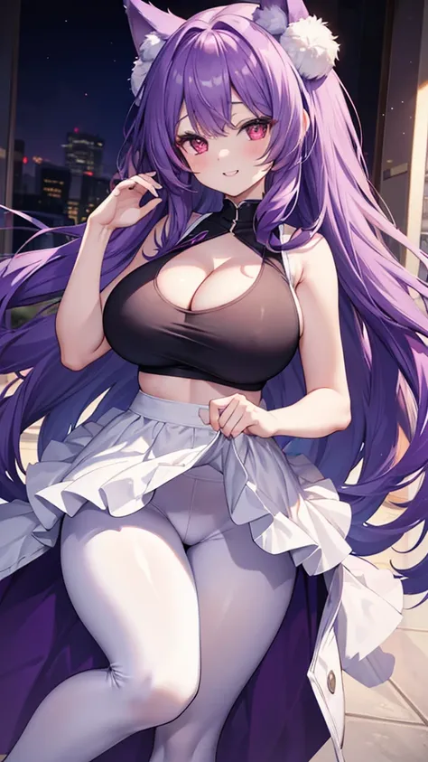 Wolf Girl, Large Breasts, Voluminous purple hair, masterpiece , Red eyes, hd, Thick thighs, Head to Chest, buried in my chest、Double teeth、tooth、Chubby、Grinning、White leggings、Tank top、Big cleavage、