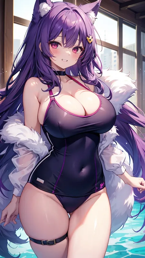 Wolf Girl, Large Breasts, Voluminous purple hair, masterpiece , Red eyes, hd, Thick thighs, Head to Chest, buried in my chest、Double teeth、tooth、Chubby、Grinning、School Swimsuit、Big cleavage、