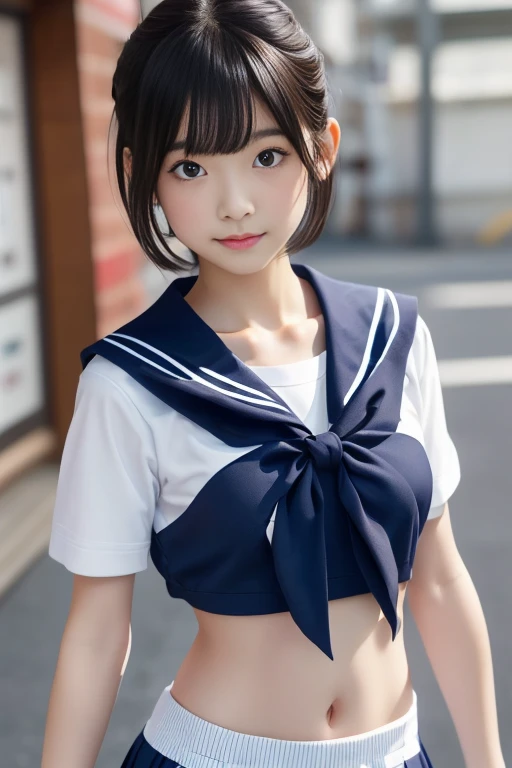 quality,写真のquality,Ultra-high resolution,Professional Lighting,,Beautiful actress,Thin face,Healthy Skin,Japanese,Black Hair,（Short bangs),Medium Hair,Cute hairstyle,(Japanese high school sailor suit:1.1),Small breasts,Natural Makeup,belly button,Short sle...