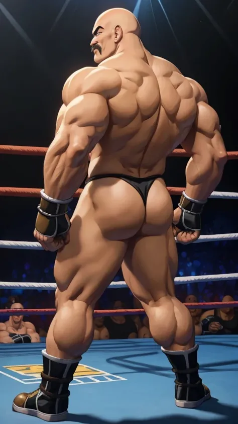 nappa, male focus, solo, 1boy, bald , muscular male, bulk , abs ,black vambraces, veins, pectorals, thighs, black eyes , mustache, (( black micro-thongs )) , tail around waist, (best quality, masterpiece) , full body , SFW , black boots , dark skin , backs...