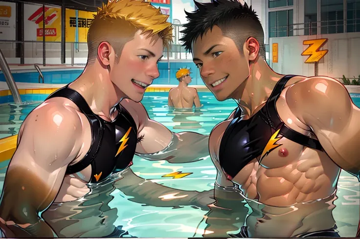 2 males, black hair /(male 1/), orange hair /(male2/), blue eyes /(male1/), brown eyes /(male2/),  swimsuit, Mens boomerang-type swimsuit that looks like a string, ((Main glossy black with yellow lightning bolt mark as an accent color,)) happy, left side /...