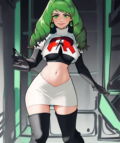 flayn, green hair, team rocket, team rocket uniform, red letter r, white skirt,white crop top,black thigh-high boots, black elbo...