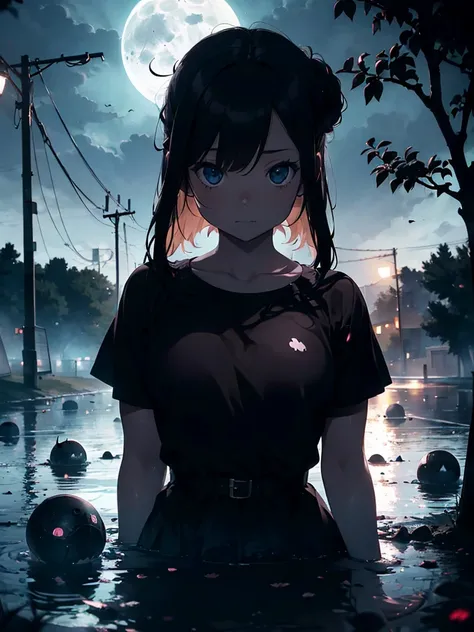 (kyle thompson:1.3), anime-style, girl, abandoned park, black roses, death symbol, moonlight, depth, shallow focus, cross shadow...