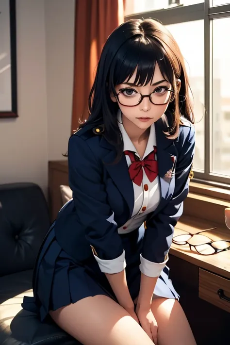 (masterpiece, highest quality), One Girl,  Satou, Satou, Glasses, 赤いフレームのGlasses, Navy blue sailor suit, Satou, Glasses, 赤いフレームのGlasses, Navy blue pleated skirt,