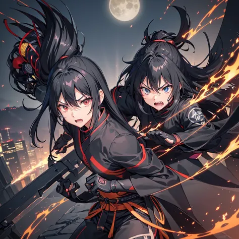 ((blackい髪　Long Hair　Ninja　black　Kunoichi　blackいオーラ))　((Murderous intent　night　Overlooking the city　Japanese style))　(Dance　short sword　Shuriken)　moon　star　Jump　Aerial