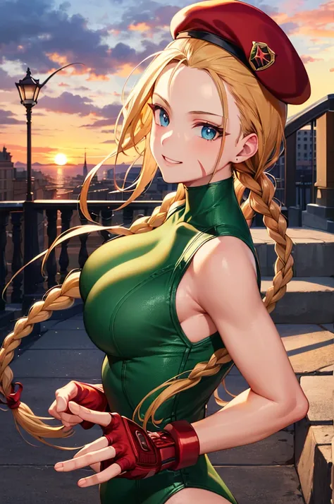 ((best quality)), ((highly detailed)), masterpiece, absurdres, (detailed eyes, deep eyes), (1girl), upper body, cammy white, twin braids, long hair, blonde hair, antenna hair, blue eyes, scar on cheek, large breasts, smiling, beret, (red headwear:1.3), gre...