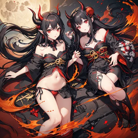 ((Black Hair　Long Hair　Demon Horns　Red eyes))　((Red aura　inflammation　Japanese style　old))　(Yellow and black underwear　Iron club)　moon　star　Jump　Aerial　