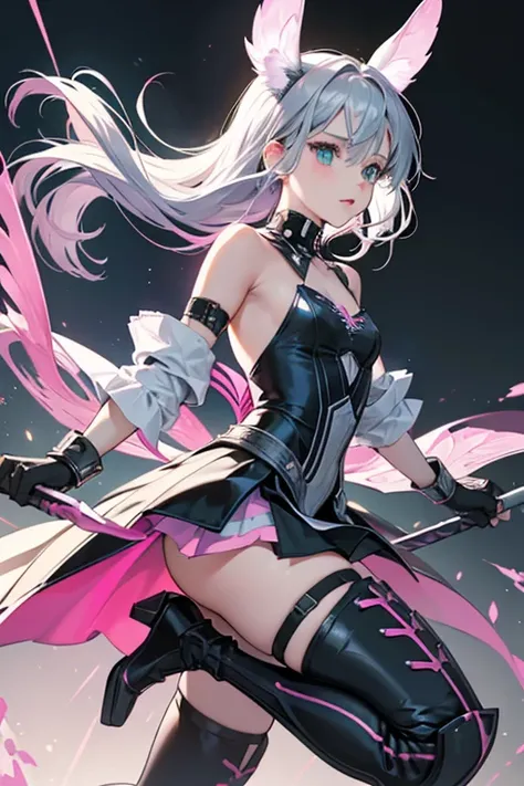  outfit consists of a one piece with a deep V neckline, a silver panel at the front lined with two slim, black panels, and pink panels at the sides. She has a metallic plate on her sternum and a metallic collar at her neck connected to her back with black ...