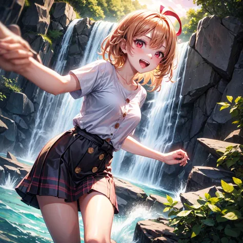 Pink gold golden hair、Red eyes、One good looking girl、solo、anime、Checkered mini skirt、The skirt has buttons、White T-shirt、Jin、Black camisole、Wearing a ribbon、Ribbon on waist、Tilting face、Teeth are visible、waterfall、waterfallの裏側、tunnel、Sunset sky、