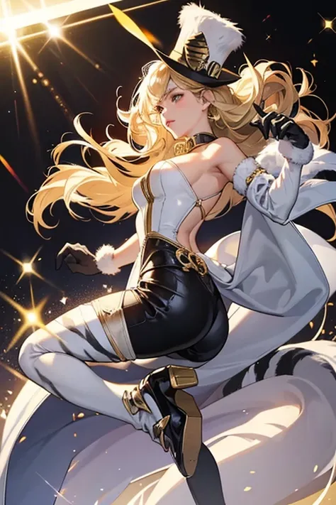 Her third costume is a catsuit in white tiger print with white fur trim over the shoulders and ending at the lower back. A zip with a gold ring runs down the front of the outfit and it is completed with a gold collar and armlet, fur trimmed black leather g...