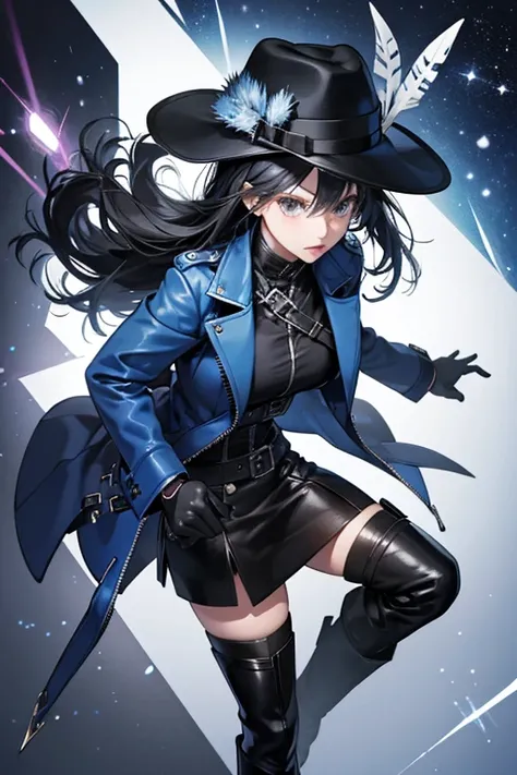 consisting of a blue suit jacket and miniskirt, matching fedora hat with feather, black leather gloves, and black, thigh high, leather boots with zippers along the outer sides. In Dark Resurrection, the color of her suit jacket, boots, gloves, and hat are ...