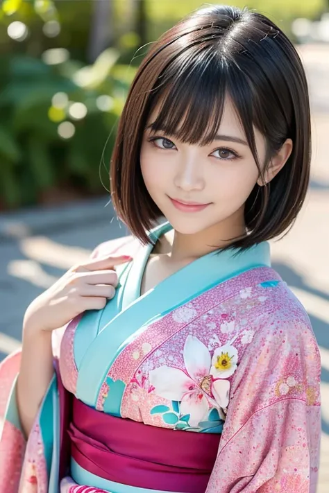 (highest quality:1.5)、(Real:1.5)、(1 person:1.5)、Medium Shot、(Very detailed)、(High resolution)、8k、美しい和柄のkimono、cute和柄の帯、kimono、Small breasts、Natural color lip、Cute smile、Japanese women、20 year old girl、Thin eyebrows、Beautiful and elegant face、Cute face、Cute...