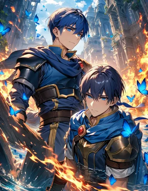 absurdres, highres, ultra detailed, HDR, master piece, best quality, Ike, dark blue hair, expressive blue eyes, Fire Emblem, Marth, dark blue hair, expressive blue eyes, two men together, gay couple, handsome, water, blue flowers, blue petals, blue butterf...