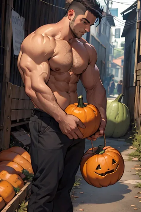 Hombre, muscular, cabeza de calabaza 