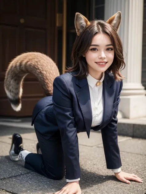 ((highest quality, 32k)), ((masterpiece)), (Get used to it), Perfect Face, Squirrel Girl, Beautiful woman, public, Has a tail, She has a fox tail, She wags her fluffy tail, smile, collar, She wears a business suit, Beautiful hip line, A tail sticking out f...