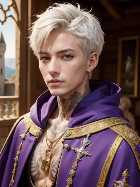 the highest quality, detailed image, colorful, vivid colors, solo, detailed face, male, white short spiky hair, tan medieval adviser, inside old castle, glossy skin, cloak, gilded, royal, lavender accents, swan, swans, desert theme, tattoos,