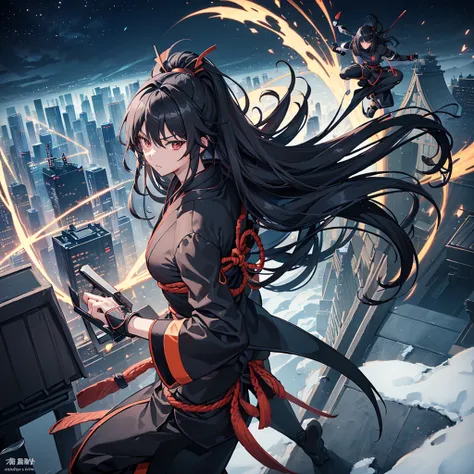 ((blackい髪　Long Hair　Ninja　black　Kunoichi))　((night　Overlooking the city　Japanese style　old))　(Dance　short sword　Shuriken)　moon　star　Jump　Aerial　dive)　Draw your sword