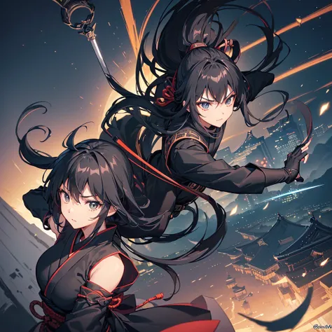 ((blackい髪　Long Hair　Ninja　black　Kunoichi))　((night　Overlooking the city　Japanese style　old))　(Dance　short sword)　moon　star　Jump　Aerial　drop down)　Draw your sword　Slashing　Catch the wind　Bleaching