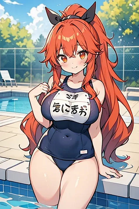 girl、high school student、Red hair、（（ponytail））、long hair、Orange Eyes、Thick thighs、（（G-Cup））、Make your breasts bigger、Blushing、smile、（（highest quality））、Anime Style、Pool、Black School Swimsuit、Emphasize the chest、Name is「Nekomiya」
