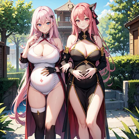 Harem girl girl smile best quality school masterpiece long hair pink hair，(Pregnant，Huge breasts：1.8)