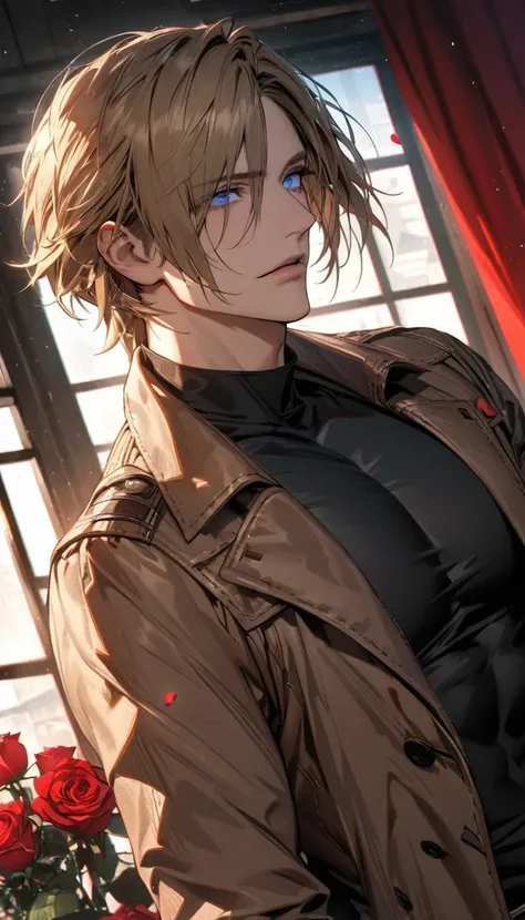 Ultra detailed, Highres, absurdres, HDR, Leon S Kennedy, blond-brown hair, expressive blue eyes, brown coat, Resident Evil 6, window, red curtains, petals, extremely handsome, sexy man, solo, very detailed eyes and face, black tight t-shirt, roses,