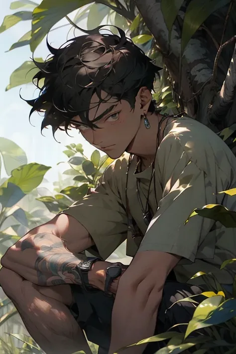 Realistic, (masterpiece, top quality, best quality, official art), very detailed, colorful, most detailed, god, short hair, black hair, handsome man, necklace, short sleeves, jungle