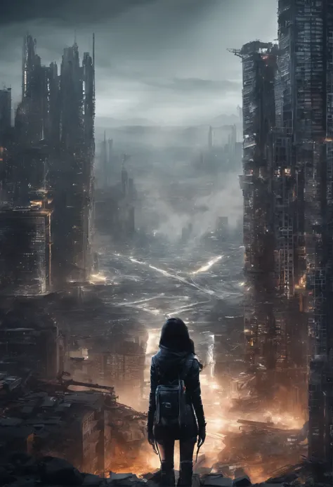 image taken from behind the shoulder of a GIRL with her back turned and DRESSED IN A HOOD from a balcony of a ruined futuristic building, She is looking at an aerial view of an ultra-futuristic North American megalopolis, distopia, ruined buildings, apocal...