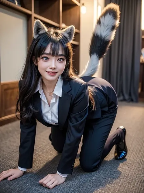 ((highest quality, 32k)), ((masterpiece)), (Get used to it), Perfect Face, Raccoon Girl, Beautiful woman, public, Has a tail, She has a fox tail, She wags her fluffy tail, smile, collar, She wears a business suit, Beautiful hip line, A tail sticking out fr...