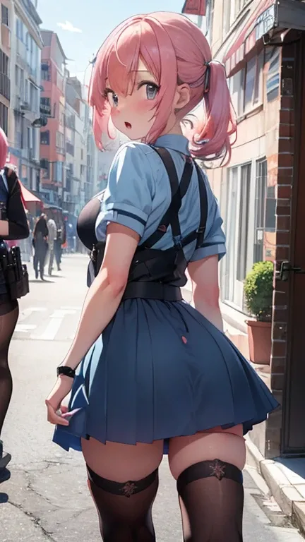 
mastute piece,Best Quality,insanely detailed,8k cg,
(shoot from behind:1.4),
(2woman:1.4),symmetry,(kneeing:1.4),(looking back at viewer:1.4),side by side,(light blue police woman),
break,
blush,shy,pink hair,
break,
open mouth,
city,