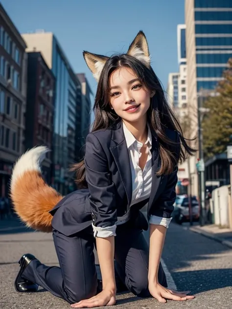 ((highest quality, 32k)), ((masterpiece)), (Get used to it), Perfect Face, Fox Girl, Beautiful woman, public, Has a tail, She has a fox tail, She wags her fluffy tail, smile, collar, She wears a business suit, Beautiful hip line, A tail sticking out from a...