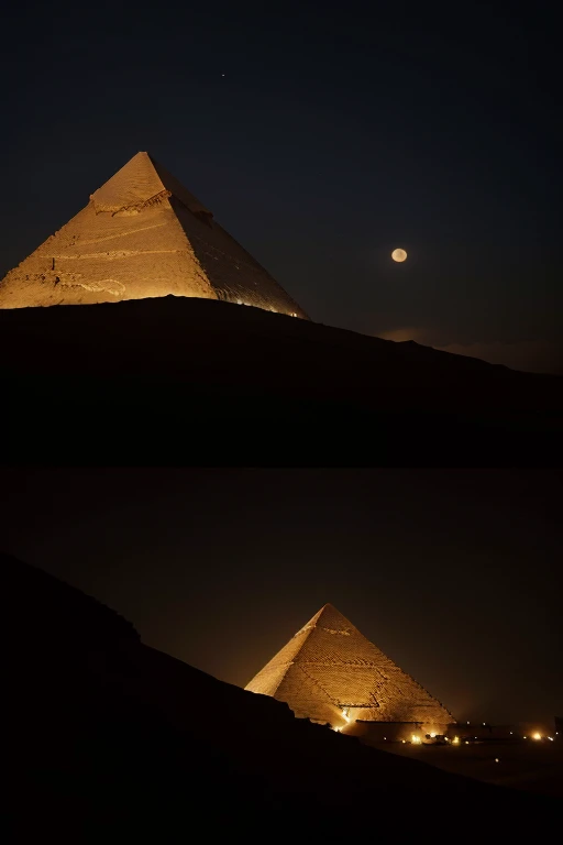 an Egypt-themed propaganda poster, at night, with pyramids in the background with a tone of mystery and obscurity, gray tones in the sky and shadowed pyramids, cinematic lighting, retina, UHD