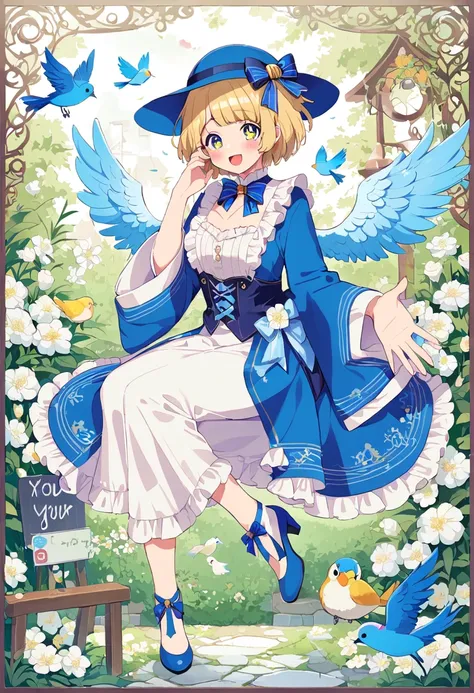 uekura, 1 girl, blonde, well-kept garden background, have, dress, blue footwear, wing, simple background, sign, flower, manicure...