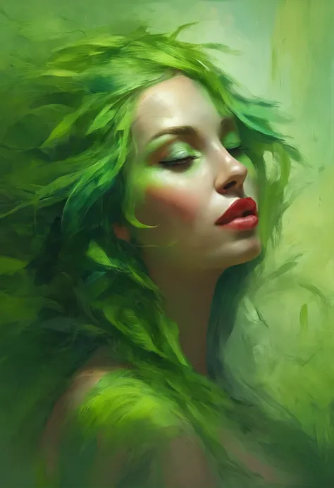 there is a woman with green hair and green background, beautiful digital art, stunning digital art, stunning digital art, digital art oil painting, green face, gorgeous digital art, highly realistic digital art, Woman made of plants, beautiful digital artw...