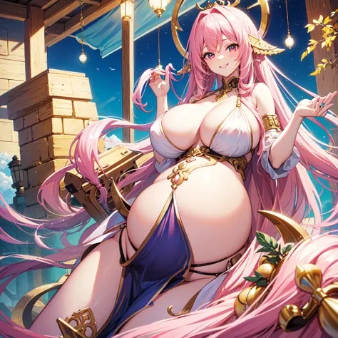 Harem girl girl smile best quality school masterpiece long hair pink hair，(Pregnant，Huge breasts：1.8)