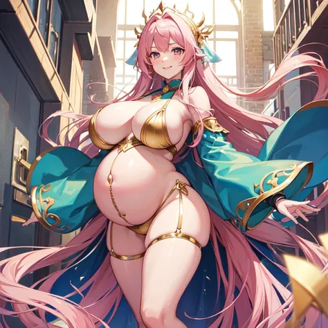 Harem girl girl smile best quality school masterpiece long hair pink hair，(Pregnant，Huge breasts：1.8)