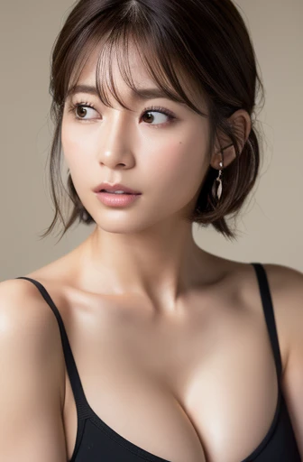 (8k, Realistic, RAW Photos, Best image quality: 1.4), Japanese women、Around 50 years old、Cleavage:1.4、double eyelid、Round Nose、Thick eyebrows、Thick lips、Chest to chest、Light brown hair、Short Hair、Sporty hair、Wearing earrings、Ears are hidden、(Realistic:1.4)...