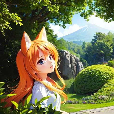 (best quality,4k,8k,highres,masterpiece:1.2),ultra-detailed,(realistic,photorealistic,photo-realistic:1.37),cute,solo girl with orange long wavy hair,blue eyes,fox ears,fluffy fox tail,summer time in Japan,beautiful garden scenery,lush greenery,colorful