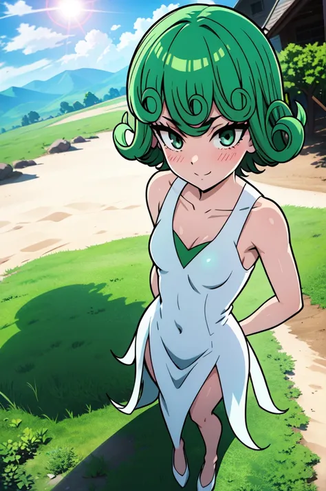 absurdres, highres, ultra detailed, tatsumakitornado, short green hair, curly hair, white sun dress,outdoors, green eyes ,full b...