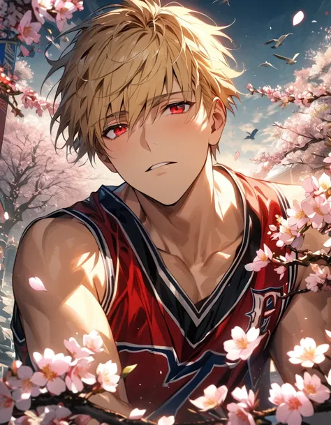 absurdres, highres, ultra detailed, HDR, masterpiece, extremely detailed face and eyes, Gilgamesh, blond hair, short hair, expressive red eyes, Fate Stay Night, solo, sexy man, handsome, basketball uniform, spring, blossoms, petals, birds