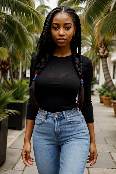 Mulher adulta, negra, 25 anos, box braids hair, boca pouco carnuda, nariz fino, corpo tamanho M ,olhos castanhos, baiana, the influence of American fashion, como jeans bem cortado, blusa despoja. Uma bolsa estruturada, brinco pequeno e anel. 